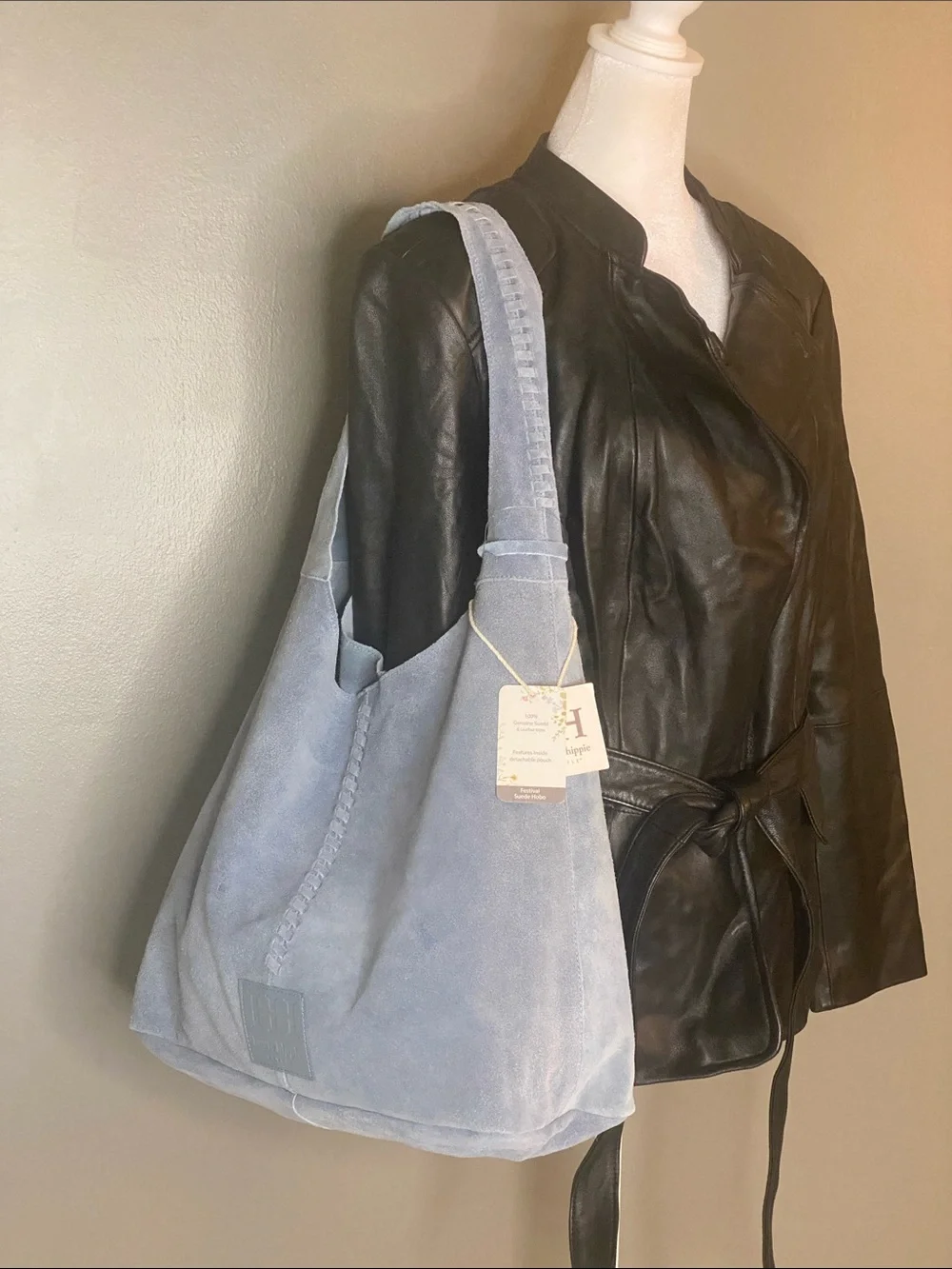 NWT! Haute Hippie Genuine Powder Blue Suede Slouchy Hobo W/ Detachable Small Bag